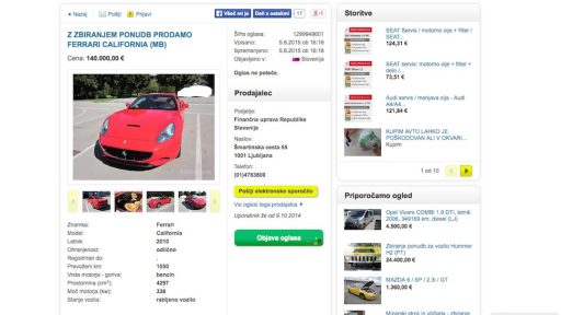 FURS prodaja vozila na Bolhi / z zbiranjem ponudb prodamo Ferrari California