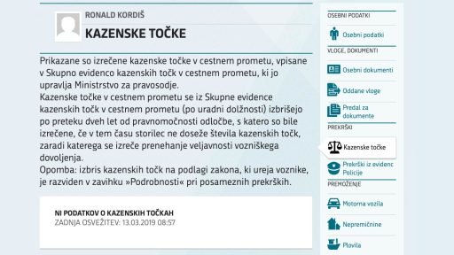 Podatki o kazenskih točkah na portalu eUprava