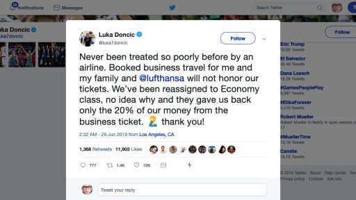 Luka Doncic in Lufthansa namesto poslovnega razreda ekonomski