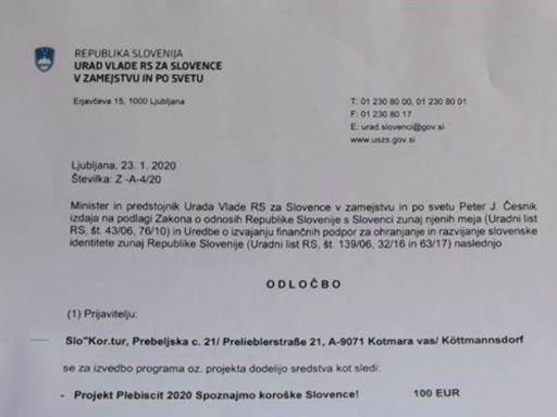 Urad Vlade RS za Slovence v zamejstvu in po svetu namenil 100 evrov za letni projekt