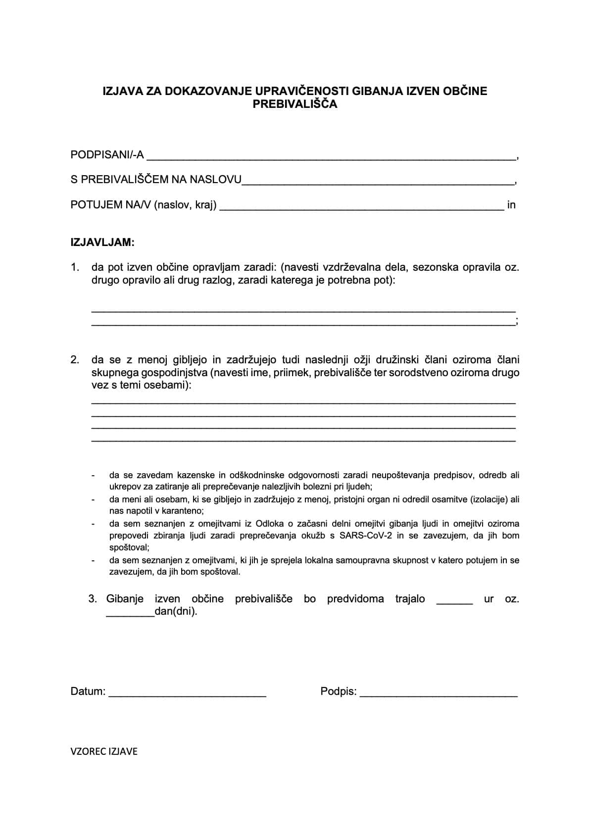 Vzorec Izjava za dokazovanje upravicenosti gibanja izven obcine prebivalisca Vzorec Izjava za dokazovanje upravicenosti gibanja izven obcine prebivalisca
