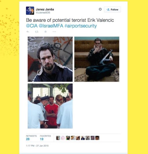 Erik Valenčič, Janez Janša, Twitter, terorist, Cia