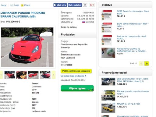 FURS prodaja vozila na Bolhi / z zbiranjem ponudb prodamo Ferrari California