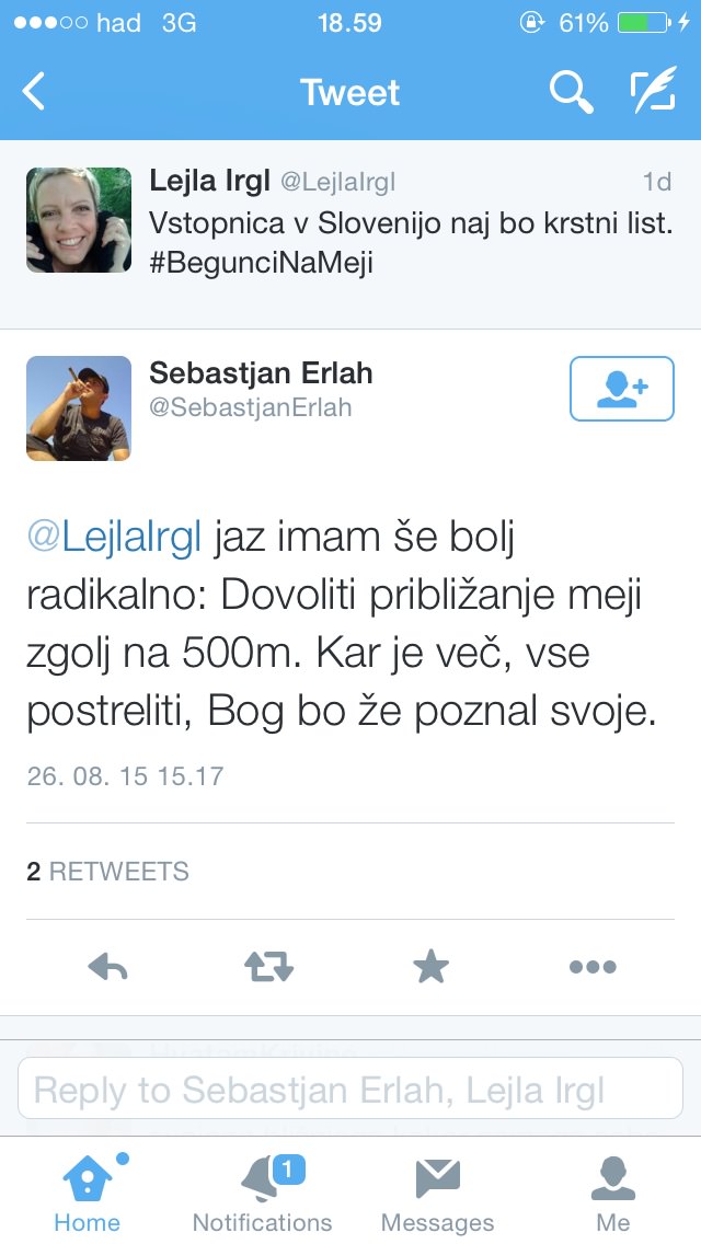 Lejla Irgl, sestra Eve Irgl,na Twitterju / vstopnica v Slovenijo naj bo krstni list