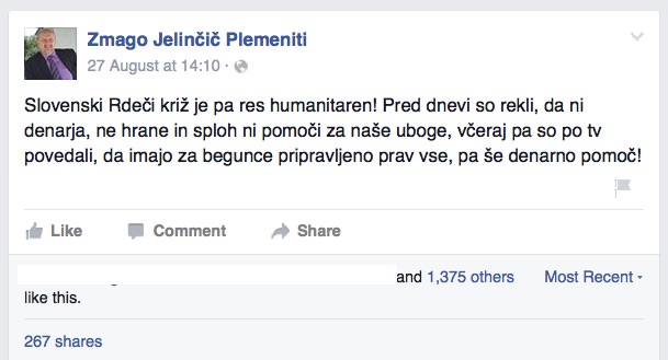 Zmago Jelinčič Plemeniti in njegove izjave o beguncih na Facebooku