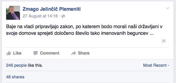 Zmago Jelinčič Plemeniti in njegove izjave o beguncih na Facebooku
