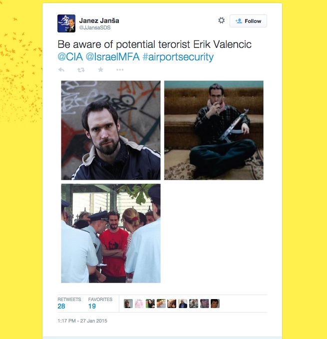 Erik Valenčič, Janez Janša, Twitter, terorist, Cia