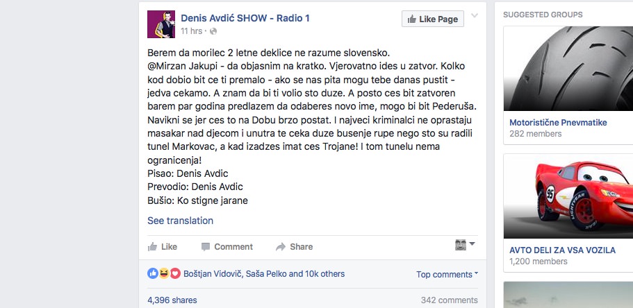 Denis Avdić na Facebooku / kaj ti je tega treba bilo