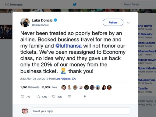 Luka Doncic in Lufthansa namesto poslovnega razreda ekonomski