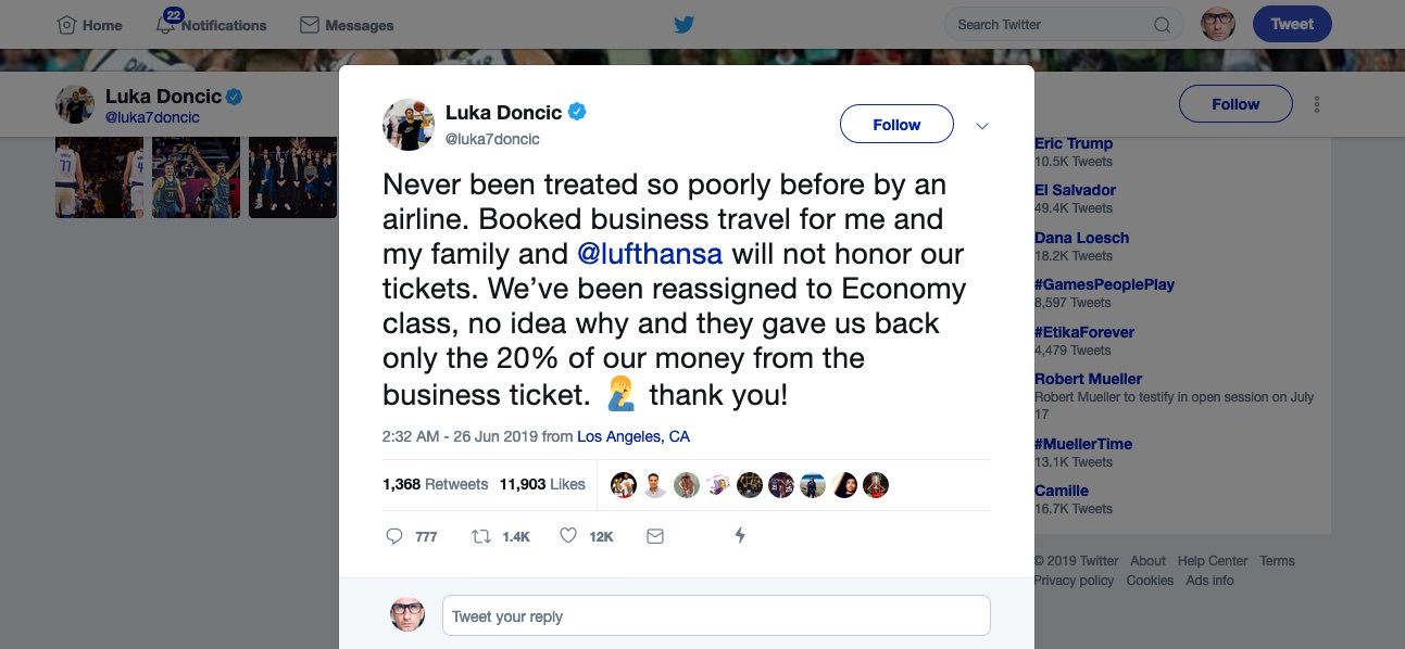 Luka Doncic in Lufthansa namesto poslovnega razreda ekonomski Luka Doncic in Lufthansa namesto poslovnega razreda ekonomski
