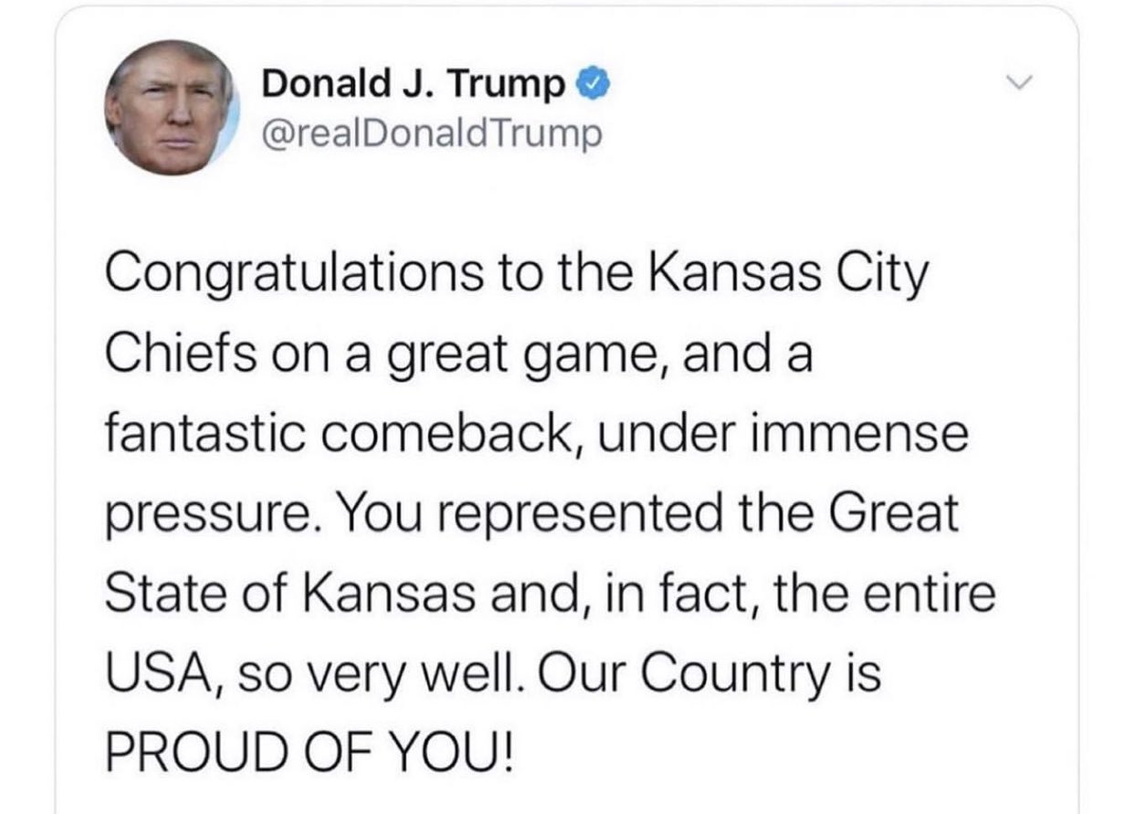 Kansas City Chiefs zmagali na Super Bowlu Donald Trump cestital Great State of Kansas za zmago Kansas City Chiefs zmagali na Super Bowlu Donald Trump cestital Great State of Kansas za zmago